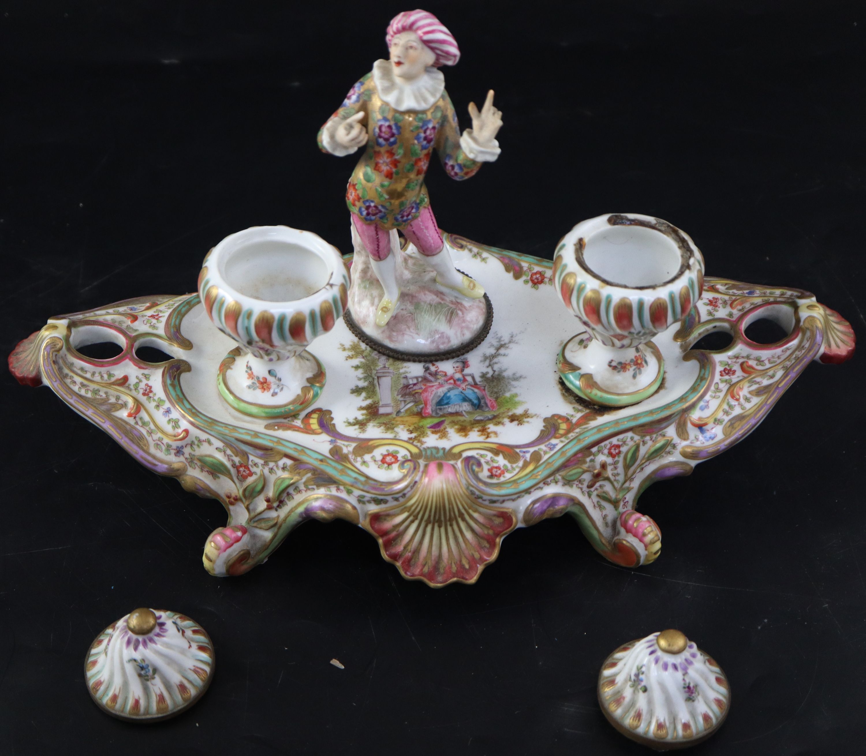 A late 19th / early 20th century Vienna porcelain inkstand, width 33cm height 18cm